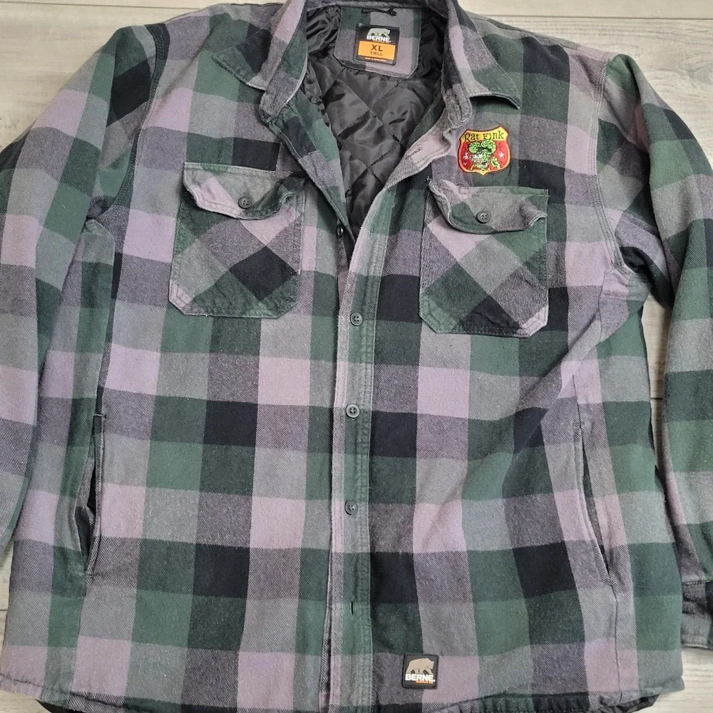 Berne Flannel Shirt Jacket Mens XL Tall Green Plaid Quilted Lining Insulated